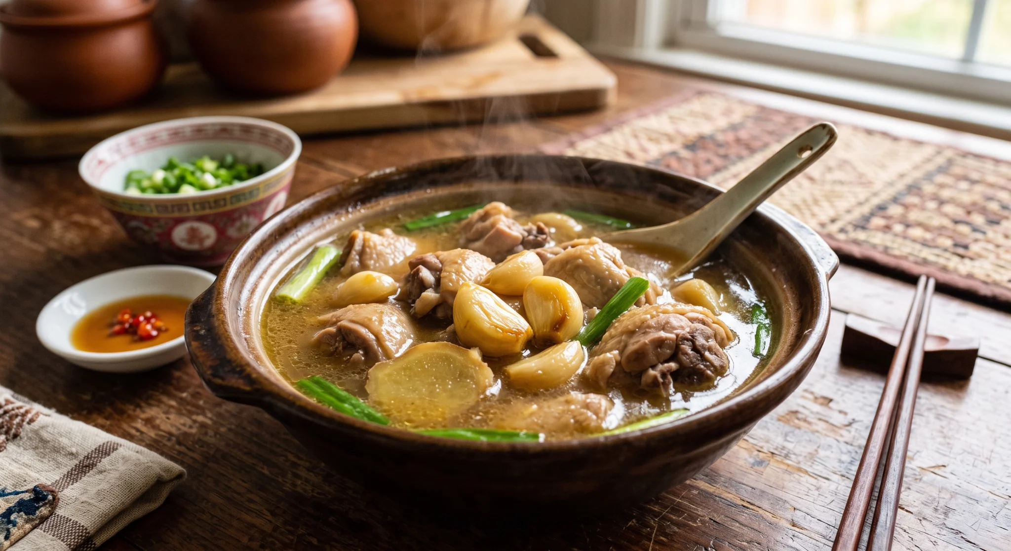 A steaming pot of ginger duck soup