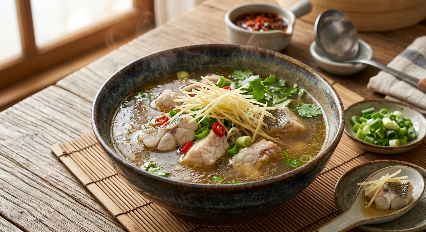 A bowl of ginger sea bass soup