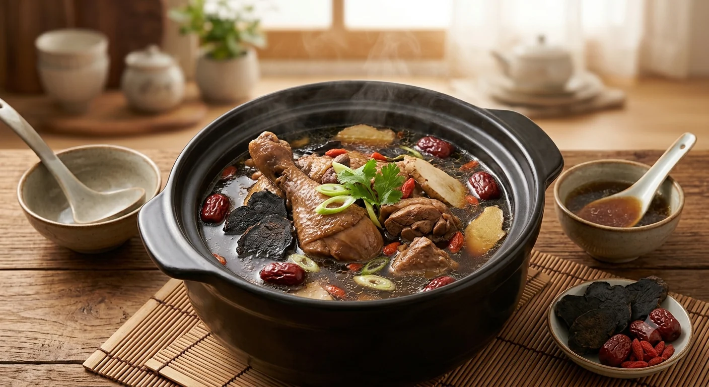 A dark herbal chicken soup in a black clay pot